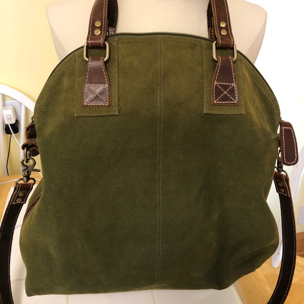 Canvas and leather bag, bucket style fold over